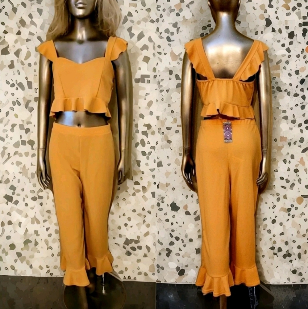NWT Mustard Yellow Frill Bralette Ruffle Hem Top & Pants Set Size 10